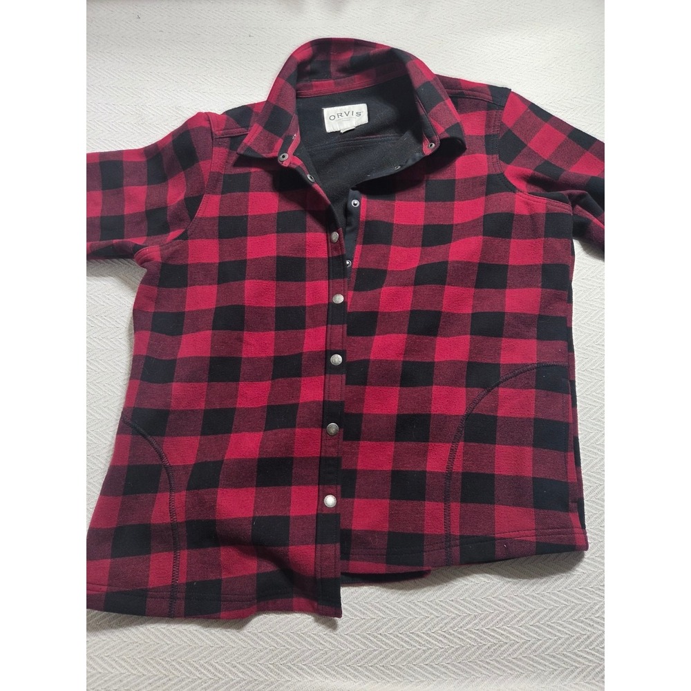 Orvis Mens XL Red Black Buffalo Plaid Fleece Lined Flannel Shirt Jacket Snap